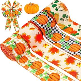 img 4 attached to Autumn Pumpkin Wired Ribbon: 4 Rolls, 20 Yards, Fall Theme Plaid Leaves Check Fabric, Ideal for Wreaths & DIY Crafting, Halloween & Thanksgiving Decor, 4 Styles