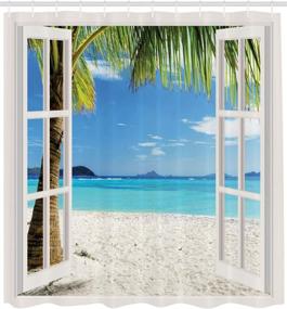 img 1 attached to 🌴 Exquisite Ambesonne Turquoise Shower Curtain with Tropical Palm Trees, Ocean Beach Vibes and Wooden Windows - 70" Long, Blue Green and White
