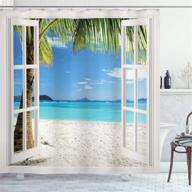 🌴 exquisite ambesonne turquoise shower curtain with tropical palm trees, ocean beach vibes and wooden windows - 70" long, blue green and white logo