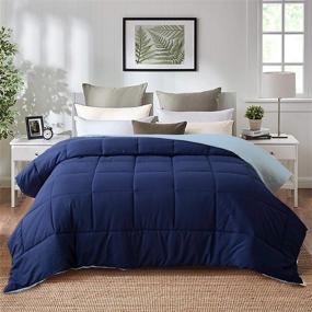 img 2 attached to 🔷 Premium Evolive Full/Queen All Season Reversible Microfiber Down Alternative Comforter - Pre Washed, Soft & Box Stitched (Navy Blue/Light Blue)