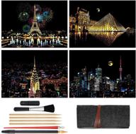 🎨 vibrant rainbow scratch paper: art craft night view scratchboard for adults and kids - creative gift set (16” x 11.2”) - 4 pack with 8 tools, including paris, louvre, new york, and canada designs logo
