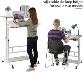 img 3 attached to 🖥️ Vintage Oak Mobile Stand Up Desk with Adjustable Height, Wheels, and Storage - Ultimate Home Office Workstation for Sitting or Standing - Rolling Table Laptop Cart