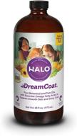 16-ounce bottle of halo dream coat natural omega fatty acids supplement for dogs and cats logo