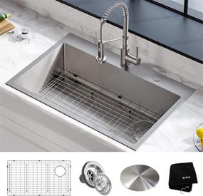 img 4 attached to Kraus KHT410-33 Standart Pro 33-inch Topmount Single Bowl Stainless Steel Set - 18 Gauge, 2-Hole (5 Item Bundle: Sink, Bottom Grid, Assembly, Drain Cap, Kitchen Towel) with Tight Radius