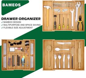 img 1 attached to 🍴 BAMEOS Bamboo Utensil Drawer Organizer - Expandable & Adjustable Silverware Holder Tray for Kitchen Knives, Desk & Cutlery