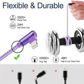 img 1 attached to 🔌 10FT 3 Pack 90 Degree Nylon Woven Right Angle Lightning Cable – Extra Long Charging Cord Compatible with iPhone 11/Pro/Xs Max/X/8/7/Plus/6S/6/iPad – Purple, 10 Feet