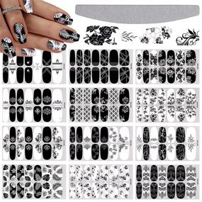 img 4 attached to 💅 Elegant EBANKU 12 Sheets Nail Polish Strips - Black & White Full Wrap Stickers with Nail File for Women's Nail Art Decorations