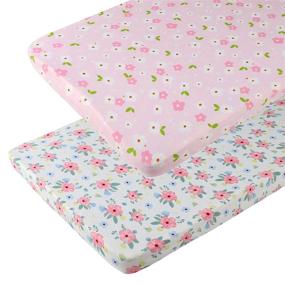 img 4 attached to 🌸 2 Pack of Soft Stretchy Jersey Knit Fitted Sheets for Baby Girl's Pack n Play Playard, Portable Mini Crib Mattress Cover - Pink Floral Design
