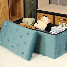 img 3 attached to 🪑 B FSOBEIIALEO Teal Velvet Folding Storage Ottoman, Large 31.5"x15.7"x15.7" - Multi-Purpose Long Shoes Bench, Footrest Stool Seat