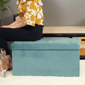 img 2 attached to 🪑 B FSOBEIIALEO Teal Velvet Folding Storage Ottoman, Large 31.5"x15.7"x15.7" - Multi-Purpose Long Shoes Bench, Footrest Stool Seat