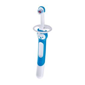 img 4 attached to 🐻 MAM Обучающая зубная щетка для младенцев: синяя щетка с медвежонком, улучшенная приложение, безопасный щит, для возраста от 5 месяцев