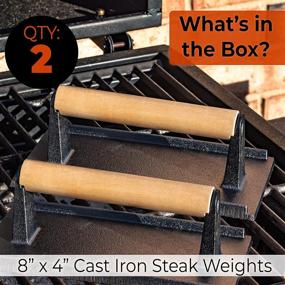 img 3 attached to Premium, Safe-Touch 8x4in Cast Iron Grill Weight 2pk. Ultimate Meat Press With Wooden Handle for Perfectly Crisped Bacon, Evenly Grilled Steak and Healthier Burgers. Ideal for Flat Top, Oven, Griddle and Skillet Cooking