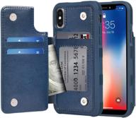 📱 arae card pocket wallet case for iphone x/xs - shockproof pu leather back flip cover for iphone x/xs 5.8" (blue) logo