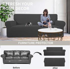 img 1 attached to 🛋️ Convenient Stretch Sofa Slipcover: 1-Piece Furniture Protector, Easy to Fit Sofa Cover, Soft Couch Shield with Elastic Bottom, Anti-Slip Foam for Kids, Spandex Jacquard Fabric with Small Check Pattern - Loveseat Size, Dark Gray