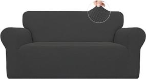 img 4 attached to 🛋️ Convenient Stretch Sofa Slipcover: 1-Piece Furniture Protector, Easy to Fit Sofa Cover, Soft Couch Shield with Elastic Bottom, Anti-Slip Foam for Kids, Spandex Jacquard Fabric with Small Check Pattern - Loveseat Size, Dark Gray