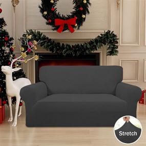 img 3 attached to 🛋️ Convenient Stretch Sofa Slipcover: 1-Piece Furniture Protector, Easy to Fit Sofa Cover, Soft Couch Shield with Elastic Bottom, Anti-Slip Foam for Kids, Spandex Jacquard Fabric with Small Check Pattern - Loveseat Size, Dark Gray