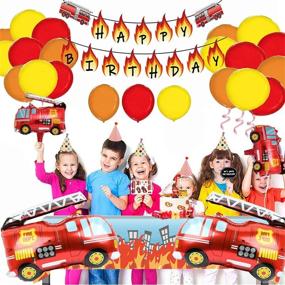 img 2 attached to 🚒 62-Piece Fire Truck Themed Birthday Party Supplies Set with Happy Birthday Banner, Firefighter Cake Topper, Balloon Stickers, and Decorations for Boys' Birthday Celebration