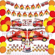 🚒 62-piece fire truck themed birthday party supplies set with happy birthday banner, firefighter cake topper, balloon stickers, and decorations for boys' birthday celebration логотип