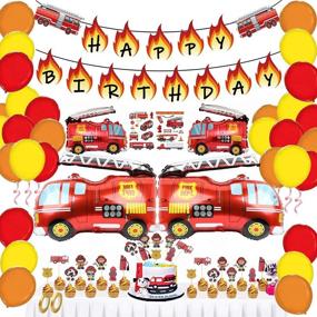 img 4 attached to 🚒 62-Piece Fire Truck Themed Birthday Party Supplies Set with Happy Birthday Banner, Firefighter Cake Topper, Balloon Stickers, and Decorations for Boys' Birthday Celebration