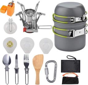 img 4 attached to 🏕️ 16-Piece Non-Stick Camping Cookware Stove Kit with Carabiner, Folding Spork, Outdoor Hiking Backpacking Picnic Knife and Spoon Set