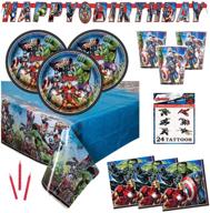 🎉 complete avengers birthday party supplies set - serves 16 - includes banner decoration, tablecover, plates, cups, napkins, tattoos, and candles logo