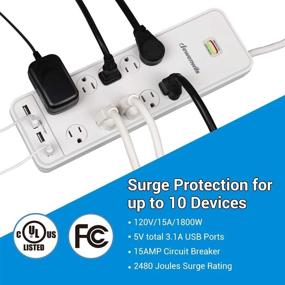 img 3 attached to 💡 Dewenwils 10-Outlet Surge Protector Power Strip with 4 USB Ports, 15 Feet Long Extension Cord, Right Angle Flat Plug, 2480 Joules Surge Rating, 15 Amp Circuit Breaker, Wall Mountable, White, UL Listed