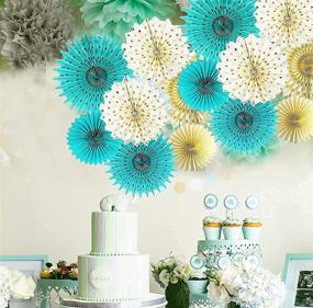 img 2 attached to 🎉 Stunning Teal Gold Birthday Decorations and Party Accessories for Women/Cream Gold Polka Dot Paper Fans, Perfect for Teal Bridal Showers and Turquoise Wedding Celebrations