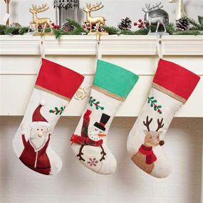 img 3 attached to 🧦 ALLYORS Set of 3 Rustic Farmhouse Christmas Stockings with Santa, Snowman, and Reindeer Designs - 21" Linen Burlap Stockings for Country Themed Xmas Decoration