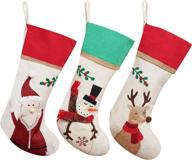 🧦 allyors set of 3 rustic farmhouse christmas stockings with santa, snowman, and reindeer designs - 21" linen burlap stockings for country themed xmas decoration logo