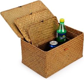 img 2 attached to 📦 DOKOT Woven Wicker Storage Bins with Lid: Organize Shelves in Style! Set of 3 Extra Large Seagrass Baskets