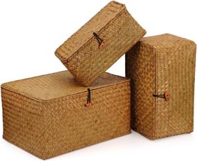 img 1 attached to 📦 DOKOT Woven Wicker Storage Bins with Lid: Organize Shelves in Style! Set of 3 Extra Large Seagrass Baskets