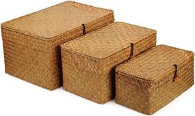 img 4 attached to 📦 DOKOT Woven Wicker Storage Bins with Lid: Organize Shelves in Style! Set of 3 Extra Large Seagrass Baskets