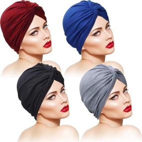 img 3 attached to 👒 SATINIOR Women's 4-Piece Turbans Set: Soft Pre-Tied Knot Pleated Fashion Turban Cap Beanie Headwrap Sleep Hat in 4 Assorted Colors