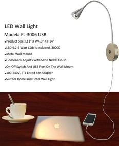 img 3 attached to 🔌 HomeFocus USB LED Bedside Reading Wall Lamp Light with Charging Port, Satin Nickel Finish, Hardwired Installation, 4.2-5W 3000K LED, Ideal for Living Room, Bedroom, Corridor, Metal Construction