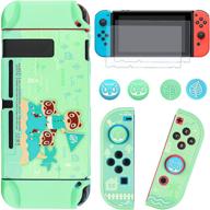 🎮 dlseego dockable protective case for nintendo switch - animal crossing design, newest pattern [baby skin touch] cover with 2 glass screen protectors & 4 thumb grips - green logo