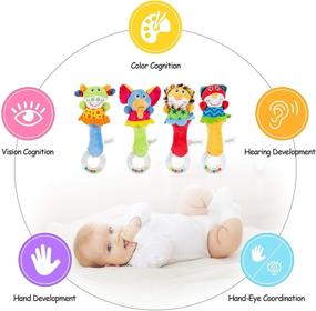 img 1 attached to 👶 ThinkMax Baby Soft Rattles Toys, Infant Sensory Development Hand Grip Toys, Cute Stuffed Animal Handbells for Baby Gift Bundle (Set of 4)
