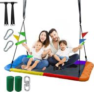 🌳 high capacity 60'' surpcos giant platform tree swing set - outdoor saucer tree swing with adjustable hanging ropes, tree straps, safe iron railing, colorful flags - supports up to 700 lbs логотип