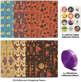 img 2 attached to 🎃 Halloween Wrapping Paper, 12 Sheets Recycled Kraft Gift Wrap Paper for Kids, 20 x 28 inches per sheet, Folded Paper with Halloween Ribbons and Stickers – Ideal for Spooky Celebrations