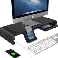 🖥️ black monitor riser stand and desk storage organizer with 2 usb 3.0 & type-c ports for data transfer and charging, storage drawer, phone holder - ideal for laptop, computer, macbook, pc logo