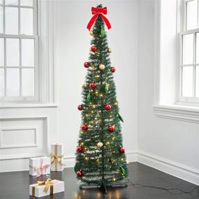 img 3 attached to 🎄 6ft Collapsible Pop-Up Christmas Tree with 150 Warm White LED Lights, Ornaments & Bow Included - Decorated Artificial Pencil Tree, Easy Storage