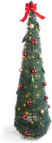 img 2 attached to 🎄 6ft Collapsible Pop-Up Christmas Tree with 150 Warm White LED Lights, Ornaments & Bow Included - Decorated Artificial Pencil Tree, Easy Storage