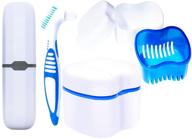 blue denture case set: denture cup bath, toothbrush with dentures, portable case & denture container with basket logo