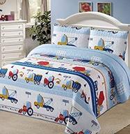 🏗️ luxury home collection - twin size quilt coverlet bedspread bedding set for kids boys, construction trucks, tractors cars - blue red white yellow (seo optimized) logo