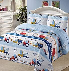 img 2 attached to 🏗️ Luxury Home Collection - Twin Size Quilt Coverlet Bedspread Bedding Set for Kids Boys, Construction Trucks, Tractors Cars - Blue Red White Yellow (SEO optimized)