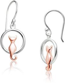 img 4 attached to 🌙 Rose Gold Plated Sterling Silver Cat on Moon Hoop Drop Dangle Earrings by Big Apple Hoops