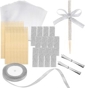 img 4 attached to 🍭 Pack of 50 Bamboo Candy Apple Sticks with Cellophane Treat Bags, Rhinestone Stickers, Silver Satin Ribbon, and Metallic Silver Twist Ties for Candy Fruit Skewers