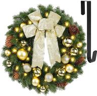 🎄 hausse led pre-lit christmas wreath with metal hanger, large golden bow & balls, battery operated, 40 leds lights, front door gate wall christmas party decorations logo