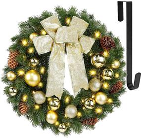 img 4 attached to 🎄 Hausse LED Pre-lit Christmas Wreath with Metal Hanger, Large Golden Bow & Balls, Battery Operated, 40 LEDs Lights, Front Door Gate Wall Christmas Party Decorations
