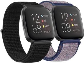 img 4 attached to Мягкий дышащий регулируемый нейлоновый ремешок для умных часов Fitbit Versa - женщин и мужчин (чисто черный/полуночно-синий)