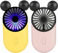 🐭 kbinter cute personal mini fan, handheld & portable usb rechargeable fan with led light, 3-speed adjustable, portable holder, for indoor outdoor activities, cute mouse design (2 pack: yellow+pink) logo